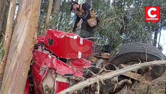 Huancayo: Árboles de eucalipto impiden caída de camión y chofer habría salvado de morir