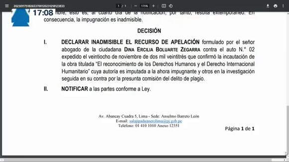 Poder Judicial declaró inadmisible el recurso de apelación solicitado por la defensa de la presidenta