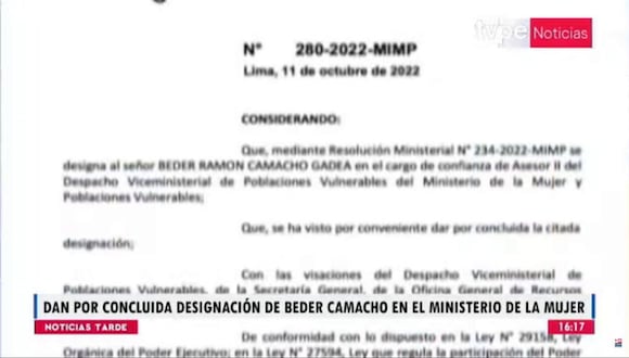 Dan por concluida la designación de Beder Camacho en el Ministerio de la Mujer