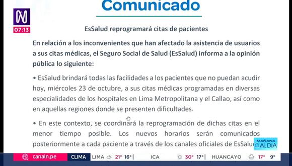 EsSalud reprogramará citas médicas debido al paro de transportistas. Video: Canal N