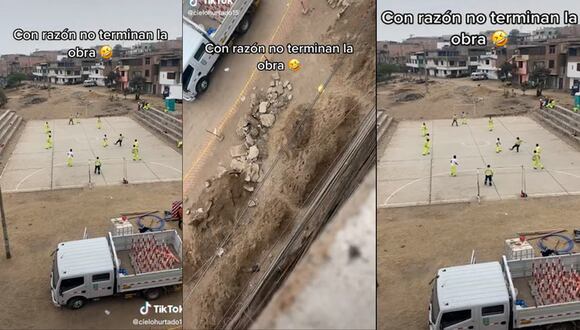 Obreros detienen sus labores para jugar pichanga: "Por eso no terminan la obra"