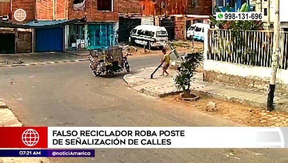 Chorrillos: falso reciclador roba poste de señalización de calles