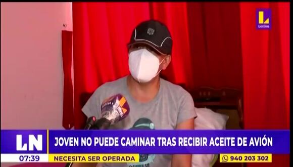 Joven que no puede caminar tras recibir aceite de avión