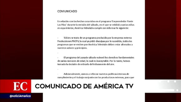 Comunicado sobre las niñas en lencería en "Emprendedor ponte las pilas"