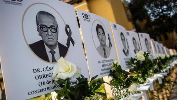 Las imágenes de médicos que murieron durante la pandemia de coronavirus en el Perú son mostradas afuera del Colegio Médico de Perú. (AFP).