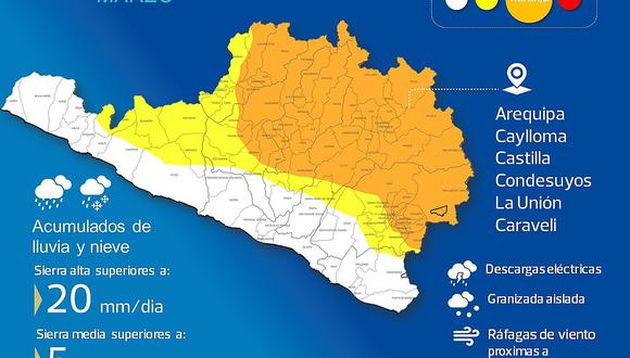 SENAMHI advierte a cinco provincias arequipeñas por fuertes lluvias
