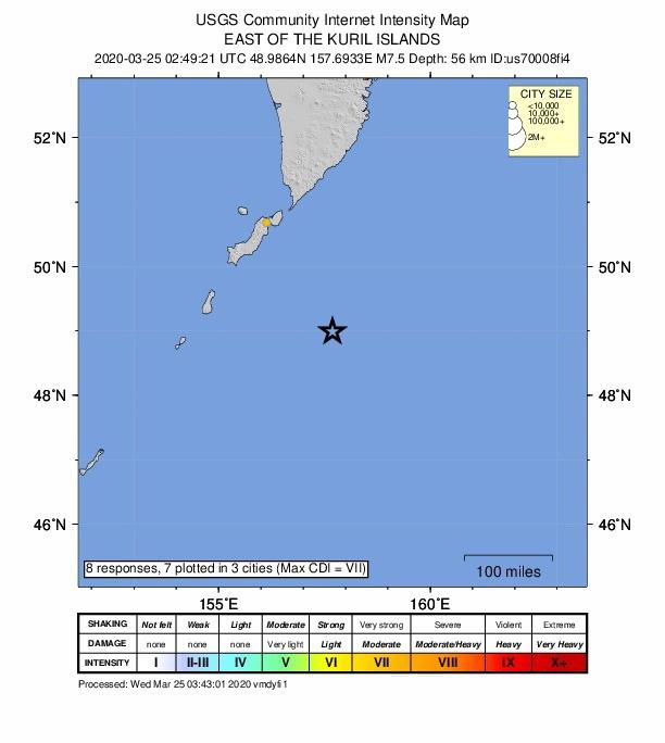 El mapa del Servicio Geológico de los Estados Unidos (USGS) muestra la ubicación de un terremoto de magnitud 7.5 que sacudió la costa de Severo-Kurilsk, Islas Kuriles, Rusia. (Foto: EFE)