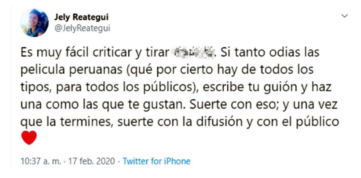 Jely Reátegui se pronunció sobre el cine peruano. (Foto: Captura Twitter) 