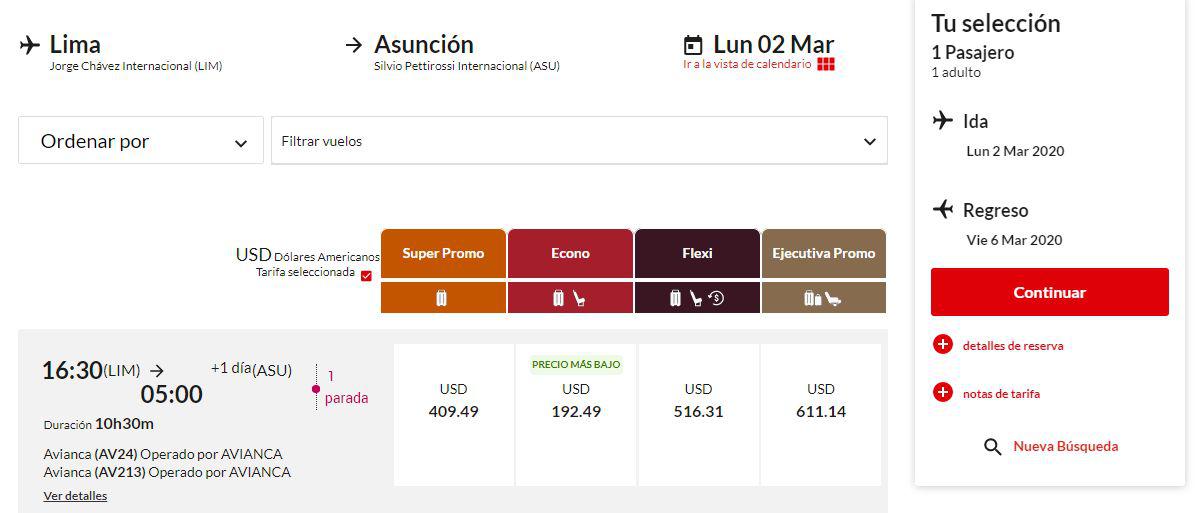 Vuelo, con escala en Bogotá, a Asunción operado por Avianca. (Foto: Avianca)