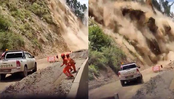 Una camioneta casi es sepultada por derrumbe de cerro en Chalcan-Tramo La Unión-Pachas/Foto: Video