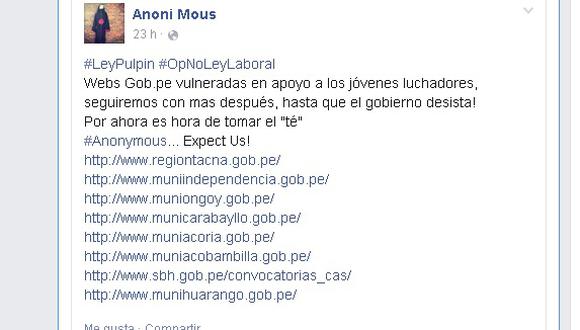 ¿Anónimus atacó webs en Huancavelica?