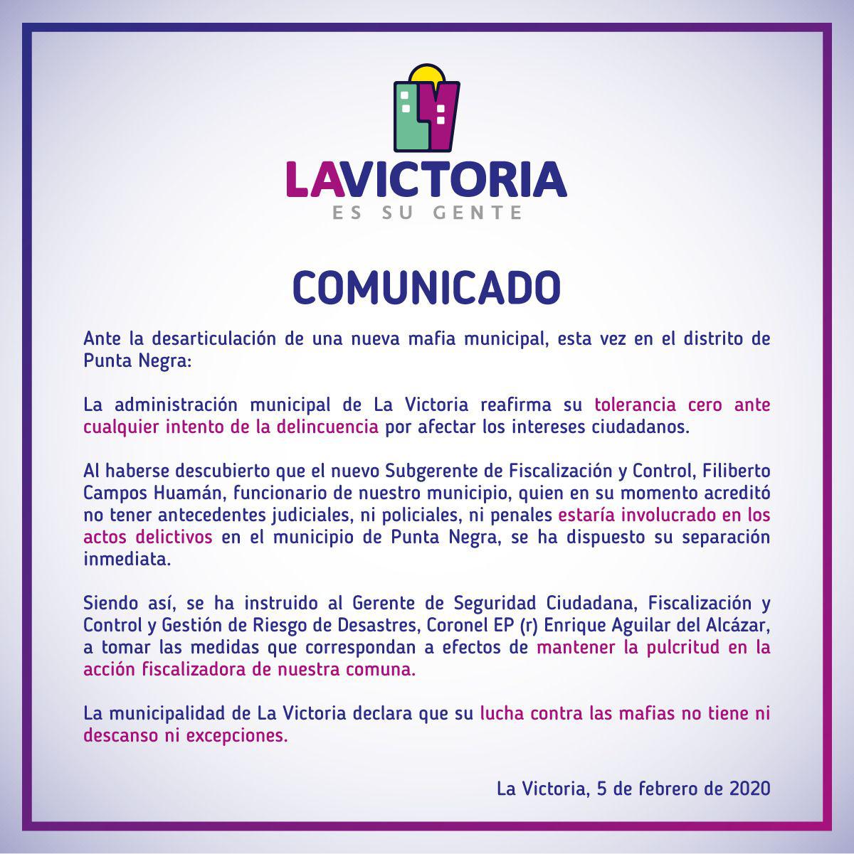 Comunicado de la comuna de La Victoria sobre el caso de Filiberto Campos Huamán.