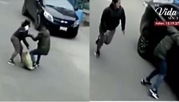 Delincuente roba celular a mujer y huye lanzándose en un auto. Video: América Televisión.