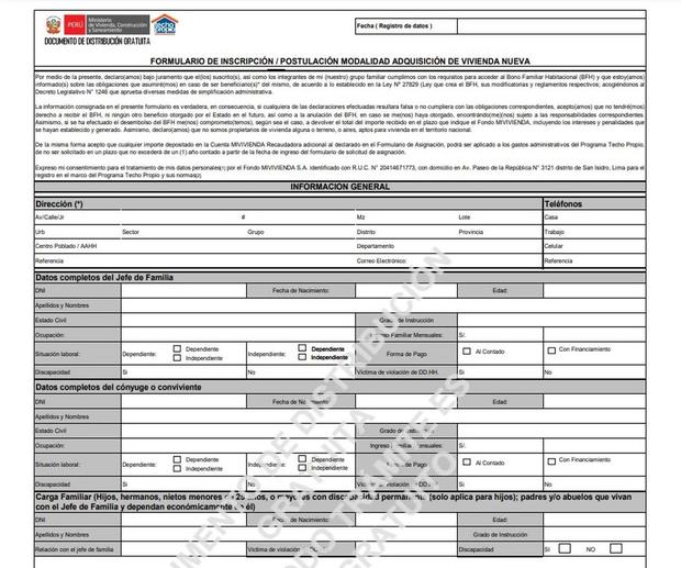 Este es el formulario de inscripción para las familias que opten por el producto de adquisición de vivienda nueva (Imagen: Fondo MiVivienda)