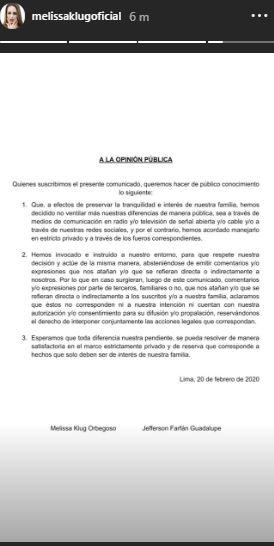 Este es el comunicado compartido por Melissa Klug. (Foto: Captura)