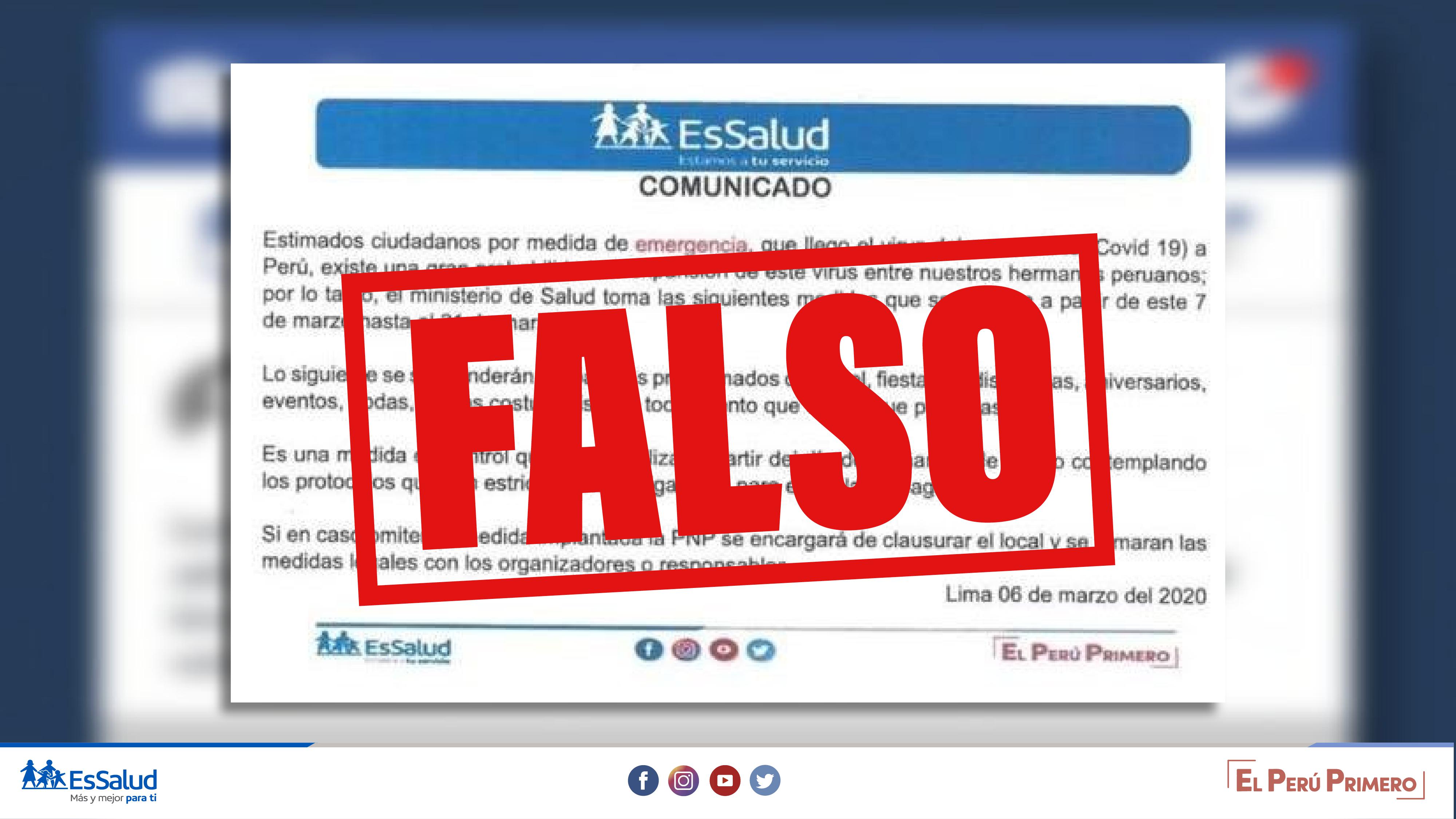 EsSalud desmiente falso comunicado que recomienda la suspensión de eventos masivos para evitar propagación de coronavirus en el país. (Foto: Difusión)