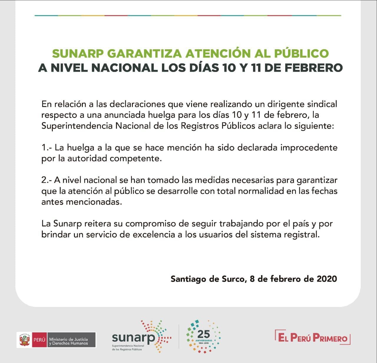 La entidad reiteró su compromiso de seguir trabajando por el país y por brindar un servicio de excelencia a los usuarios del sistema registral. (Foto: Sunarp)