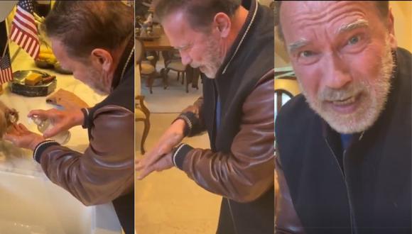 Arnold Schwarzenegger grabando un video en que se le observa lavando sus manos para evitar el coronavirus. Foto: Twitter