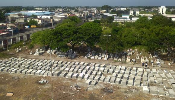 Vista aérea de las nuevas tumbas en el cementerio de Maria Canals en las afueras de Guayaquil, Ecuador, que fueron construidas para los fallecidos por coronavirus. (AFP / Jose Sánchez).