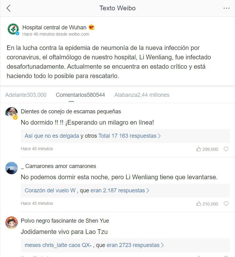 Hospital de Wuhan asegura que el médico que dio la alerta del coronavirus se encuentra en estado crítico. Fuente: Captura red social Weibo