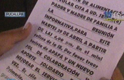 Pucallpa: Padres cobran un sol para entregar desayuno Qali Warma