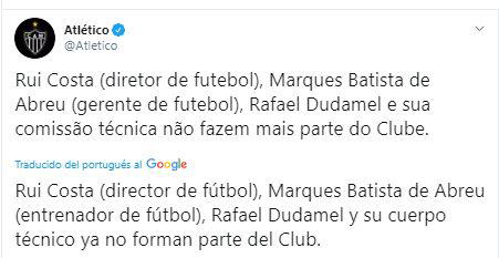 El anuncio de la salida de Rafael Dudamel de Atlético Mineiro.